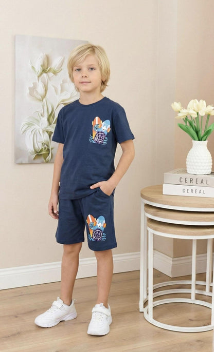 Boy navy surf board and smiley tshirt and shorts set