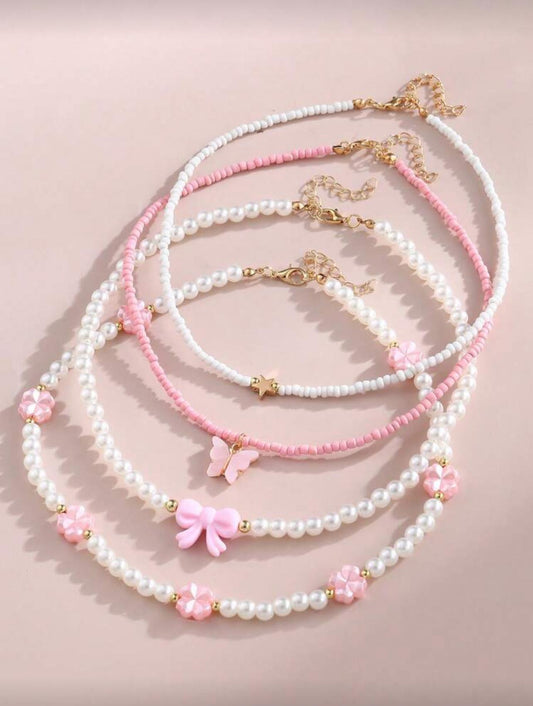 4 Pcs Butterfly Heart Flower Pearl Necklace Set