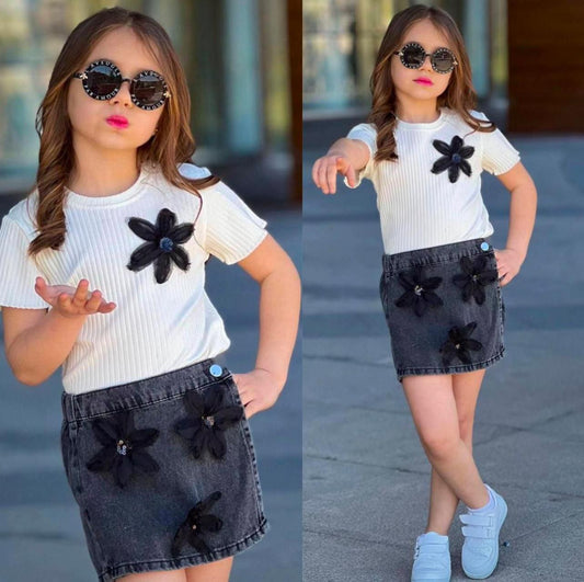 Girls Set White Top with 3D Flower and Black Jean Skort