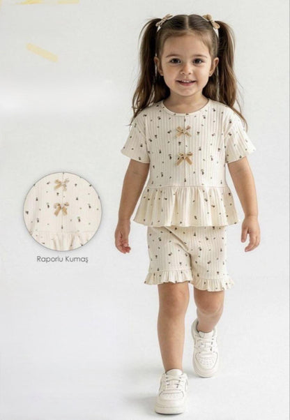 Girls Shorts Set Beige Velvet Bows