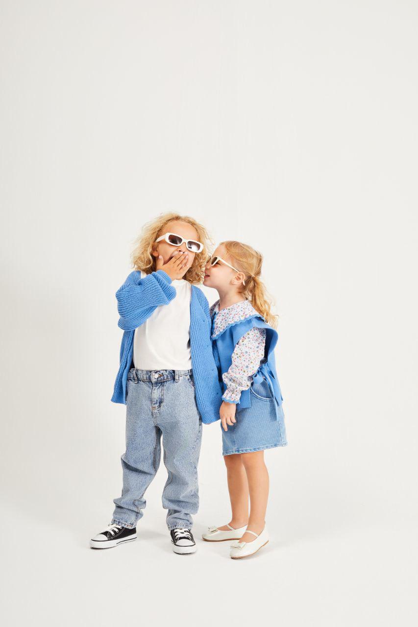 Flower Blue Blouse with Knit Vest and Skirt Set