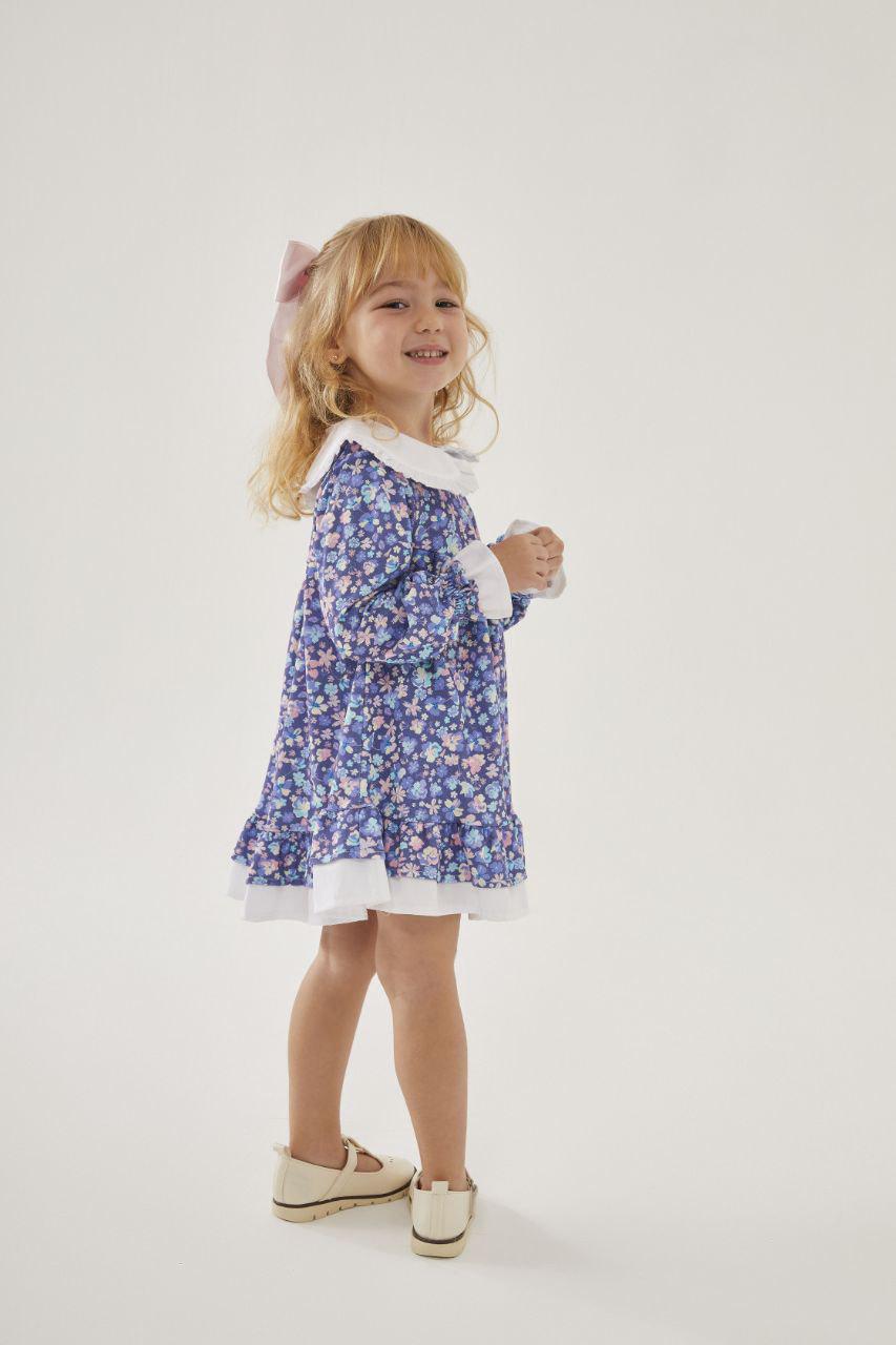 Cotton Dress Blue Flowers with Lilac Bow