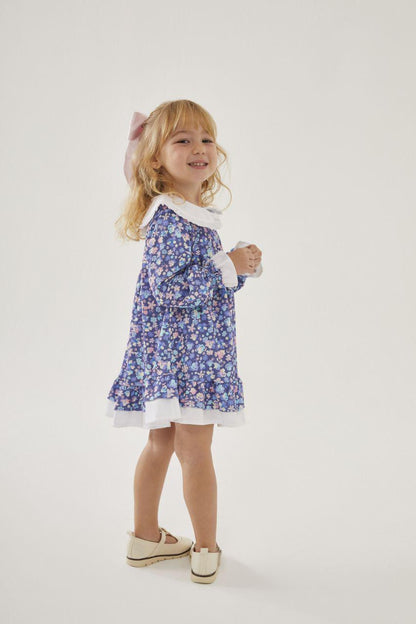 Cotton Dress Blue Flowers with Lilac Bow