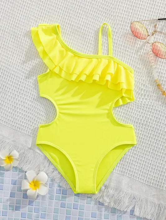 Girls Chic One Shoulder Ruffle Swimsuit