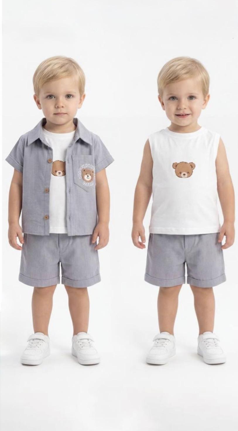 3 Piece Set - Baby Boy Grey Shorts with Tshirt and Shirt Bear Detail