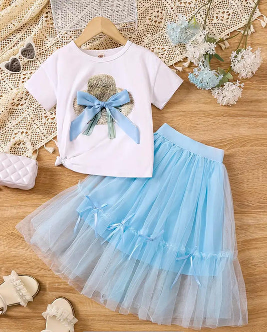 2 Piece Tshirt with Bow Lace Detail and Light Blue Bow Tulle Skirt