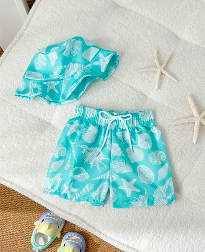 Boys Swimming Trunks with Sun Hat - Seashell Print