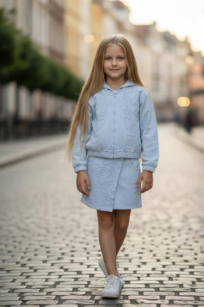 Girls Light Blue Jean Jacket and Skort Set