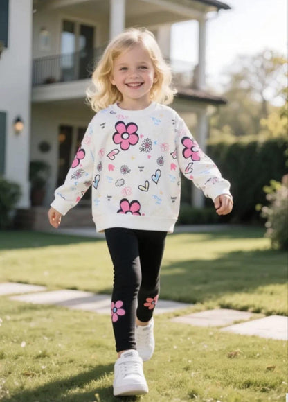 White Heart Flower Top Set with Leggings