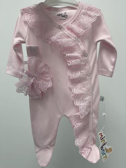 Baby Girl Pink Romper with Lace Headband