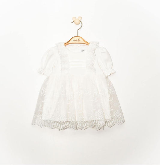 Baby White Flower Lace Dress Short Sleeve with Headband