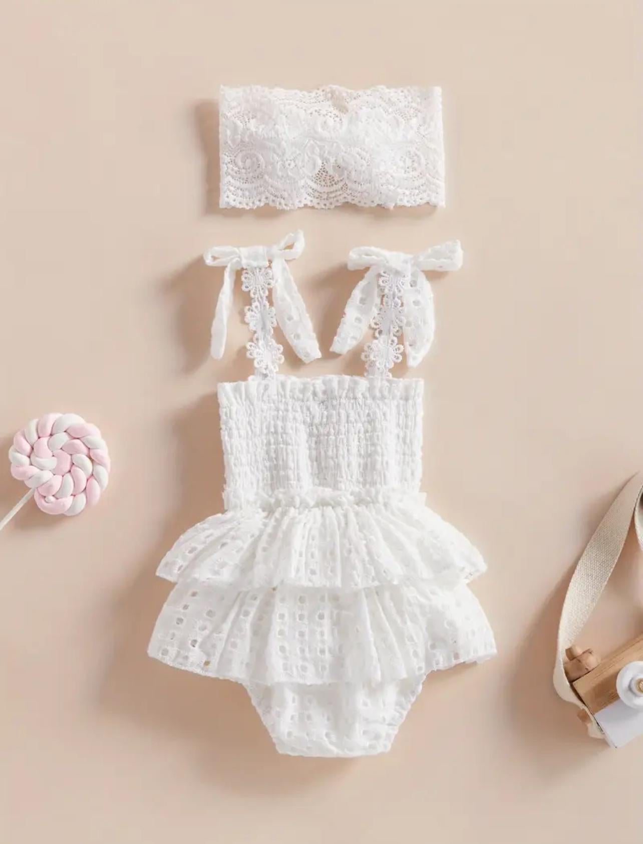 White Infant Baby Girls Romper Dress with Lace Bow