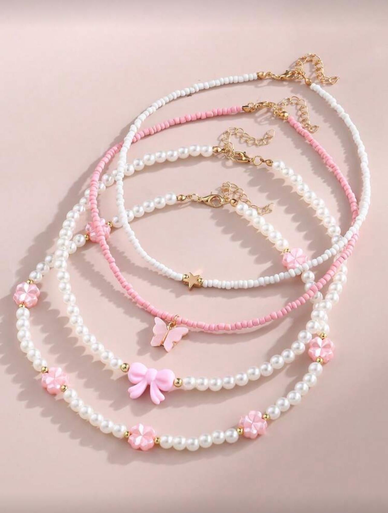 4 Pcs Butterfly Heart Flower Pearl Necklace Set