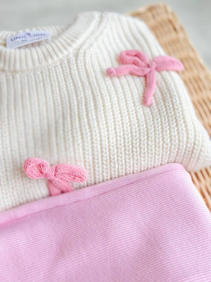 Knit Cream Sweater with Bows and leggings