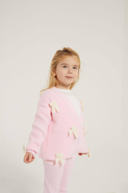 Pink Knit Cardigan with Bows and Knit Leggings