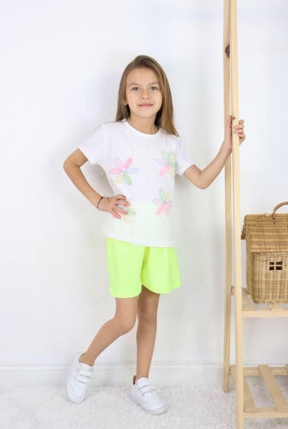 White 3D Flower Tshirt with Lime Shorts
