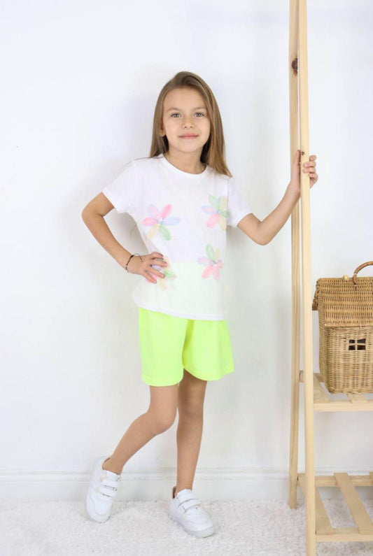 White 3D Flower Tshirt with Lime Shorts