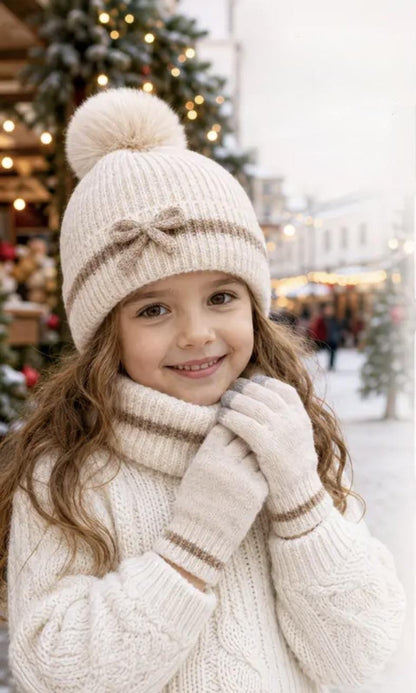 3 Piece Beige Pom Pom Knit Hat, Gloves and Scarf