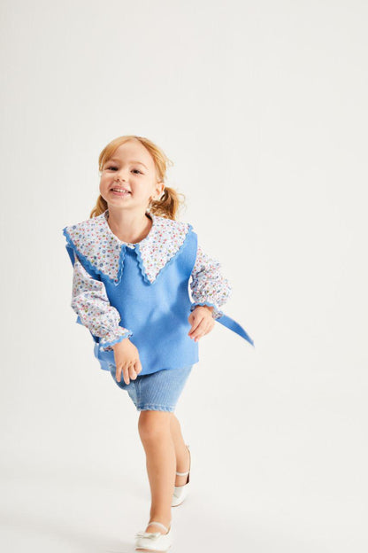 Flower Blue Blouse with Knit Vest and Skirt Set