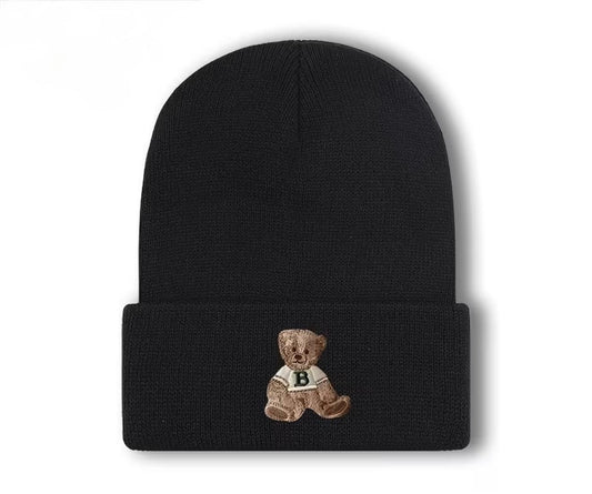 Knit Black Hat with Bear Print