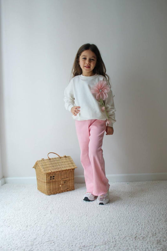 Girls White Long Sleeve Top with 3D Flower Tracksuit