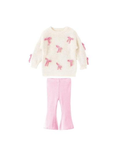 Knit Cream Sweater with Bows and leggings