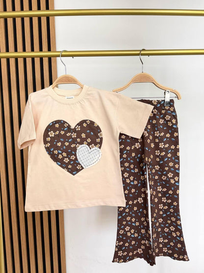 Girl beige heart set with flare leggings