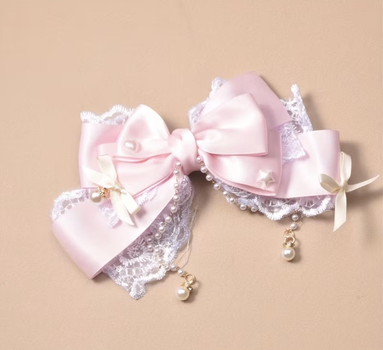 Pink Bows and Pearl Hairclip