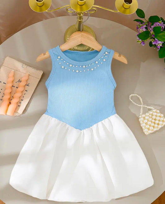 Elegant Girls Sleeveless Dress with Pearls