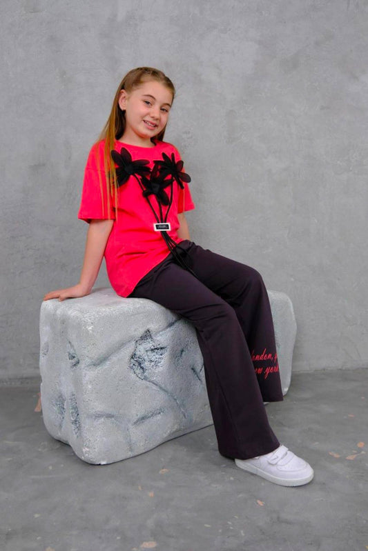 Girls Red Tshirt with 3D Flower and Dark Grey Pants Set