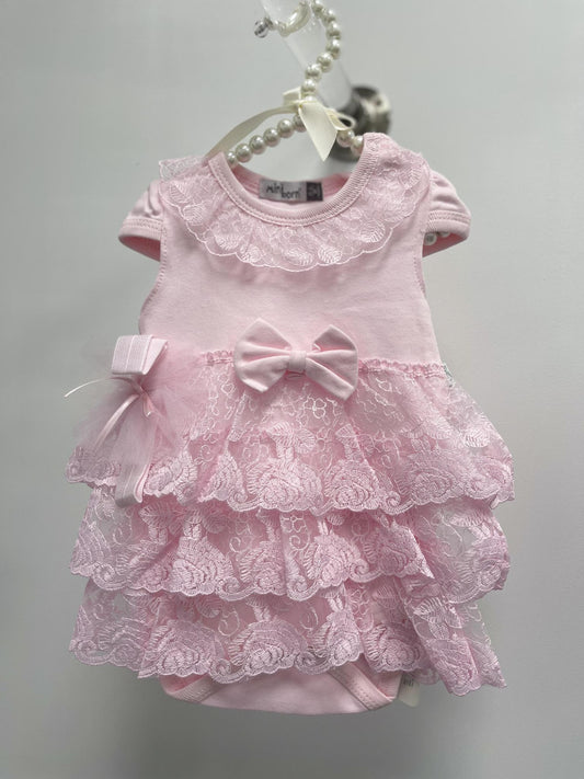 Baby Girls Pink Short Sleeve Onesie with Lace and Headband