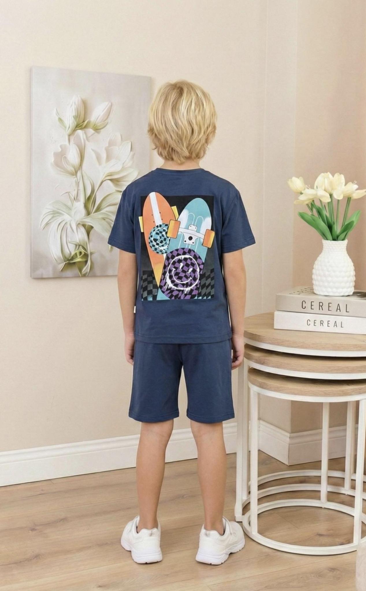 Boy navy surf board and smiley tshirt and shorts set