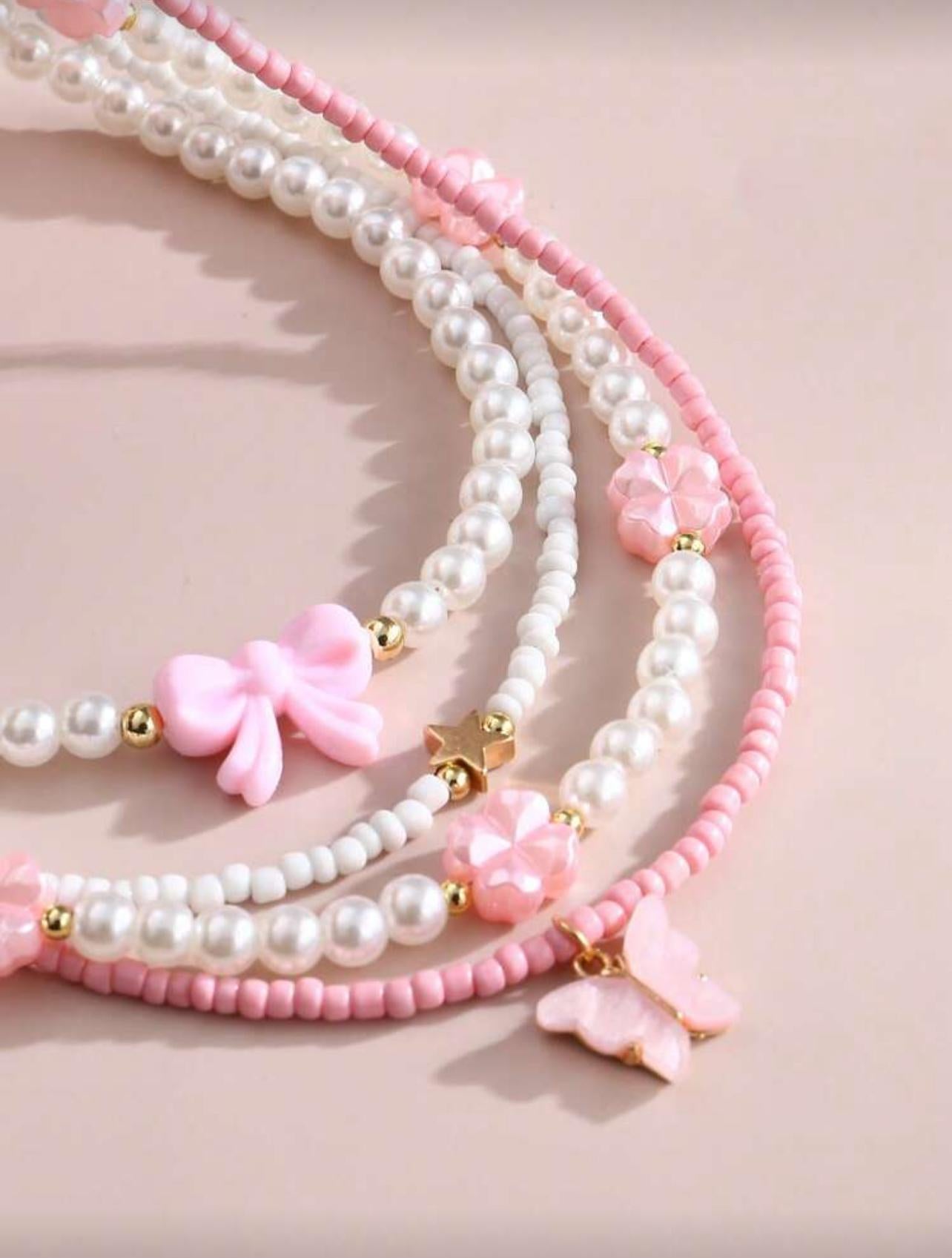 4 Pcs Butterfly Heart Flower Pearl Necklace Set
