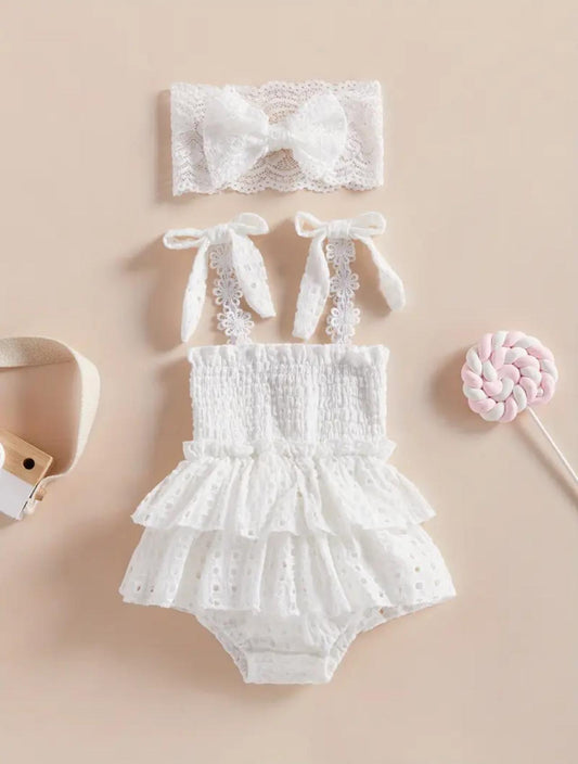 White Infant Baby Girls Romper Dress with Lace Bow