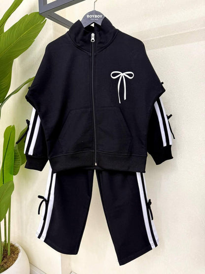 Girls Black Bows Zip Up Tracksuit