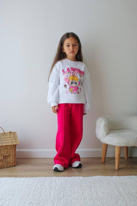 Hot Pink Labubu Fleece Tracksuit with White Top