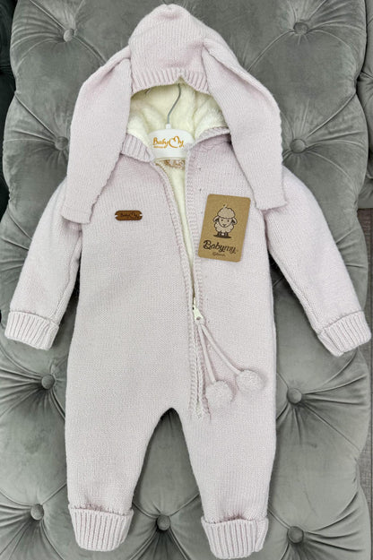 Babymy - Knit Bunny hooded romper zip up Pink