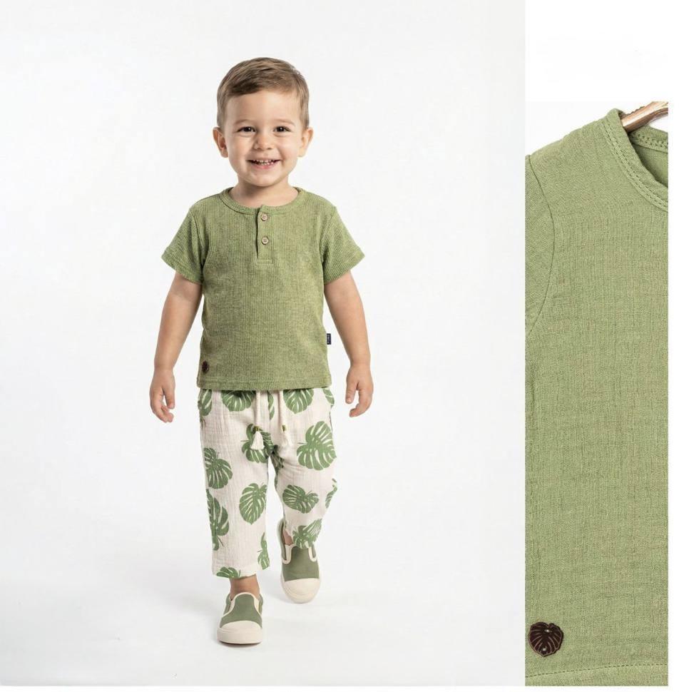 Baby Boys Green Muslin Top and Palm Leaves Pants