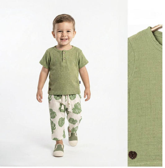 Baby Boys Green Muslin Top and Palm Leaves Pants