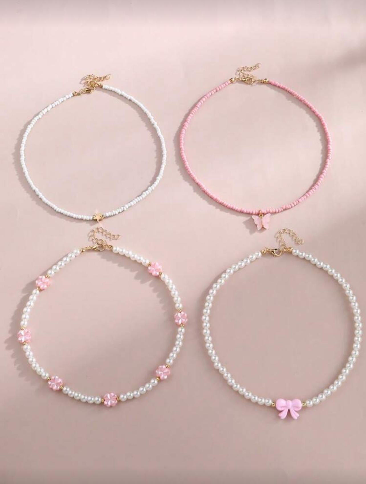 4 Pcs Butterfly Heart Flower Pearl Necklace Set