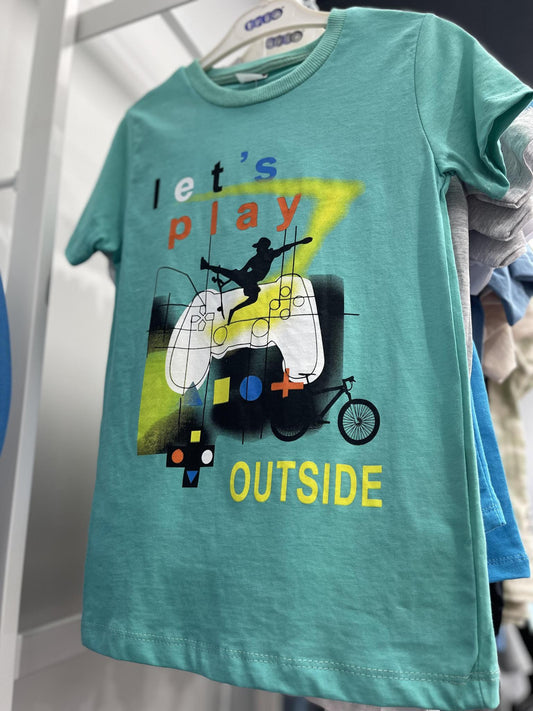 Boys Bluish Green Tshirt and Grey Shorts - Lets Play