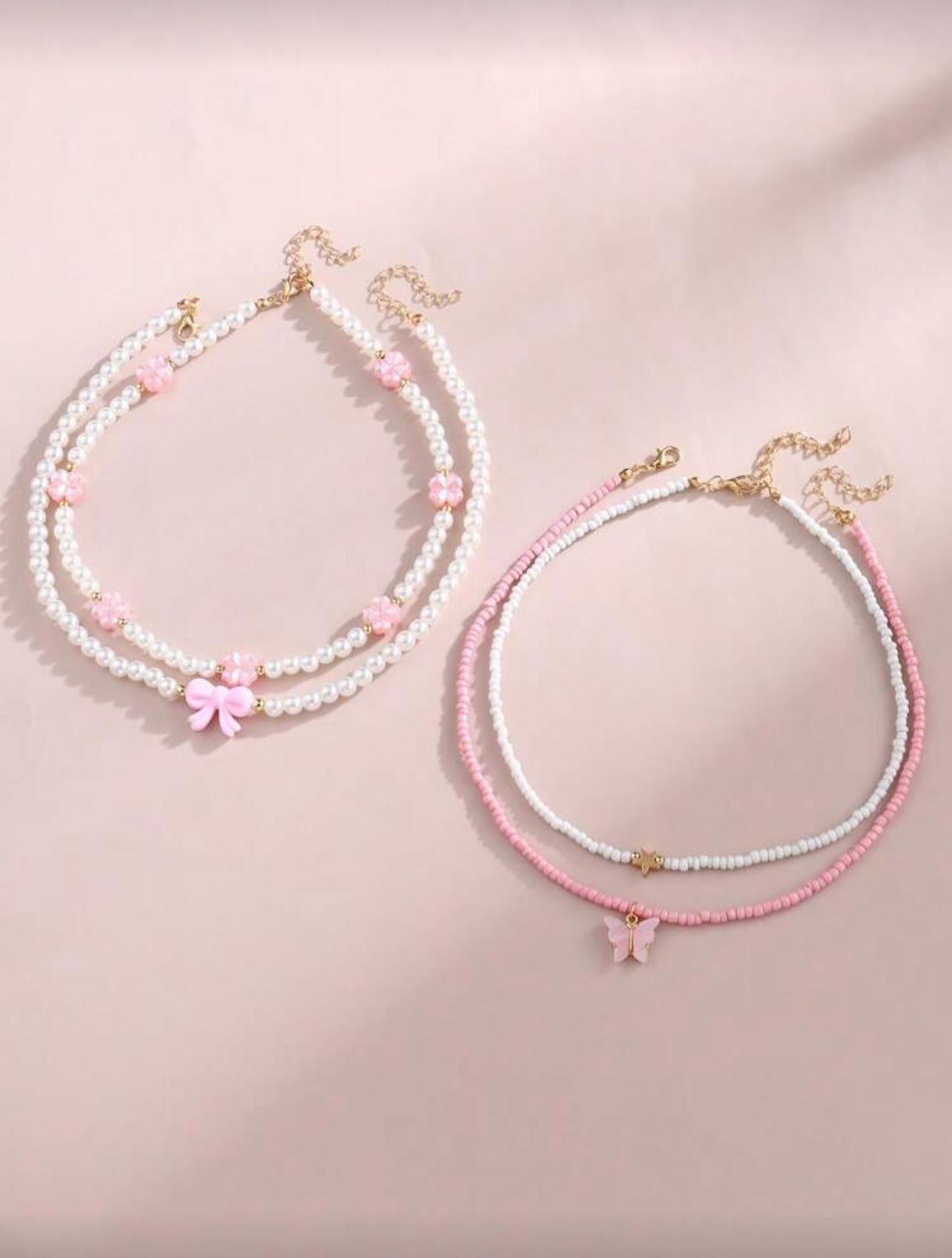 4 Pcs Butterfly Heart Flower Pearl Necklace Set