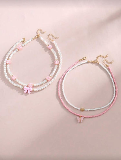4 Pcs Butterfly Heart Flower Pearl Necklace Set