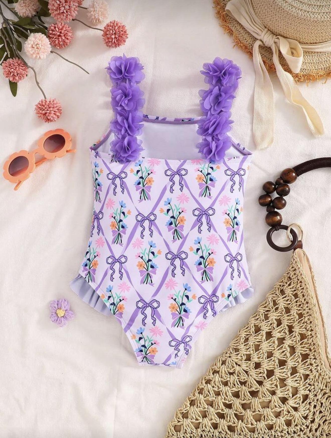 Purple Flower and Bow Detail Swimsuit