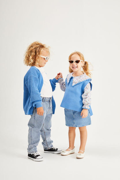 Flower Blue Blouse with Knit Vest and Skirt Set