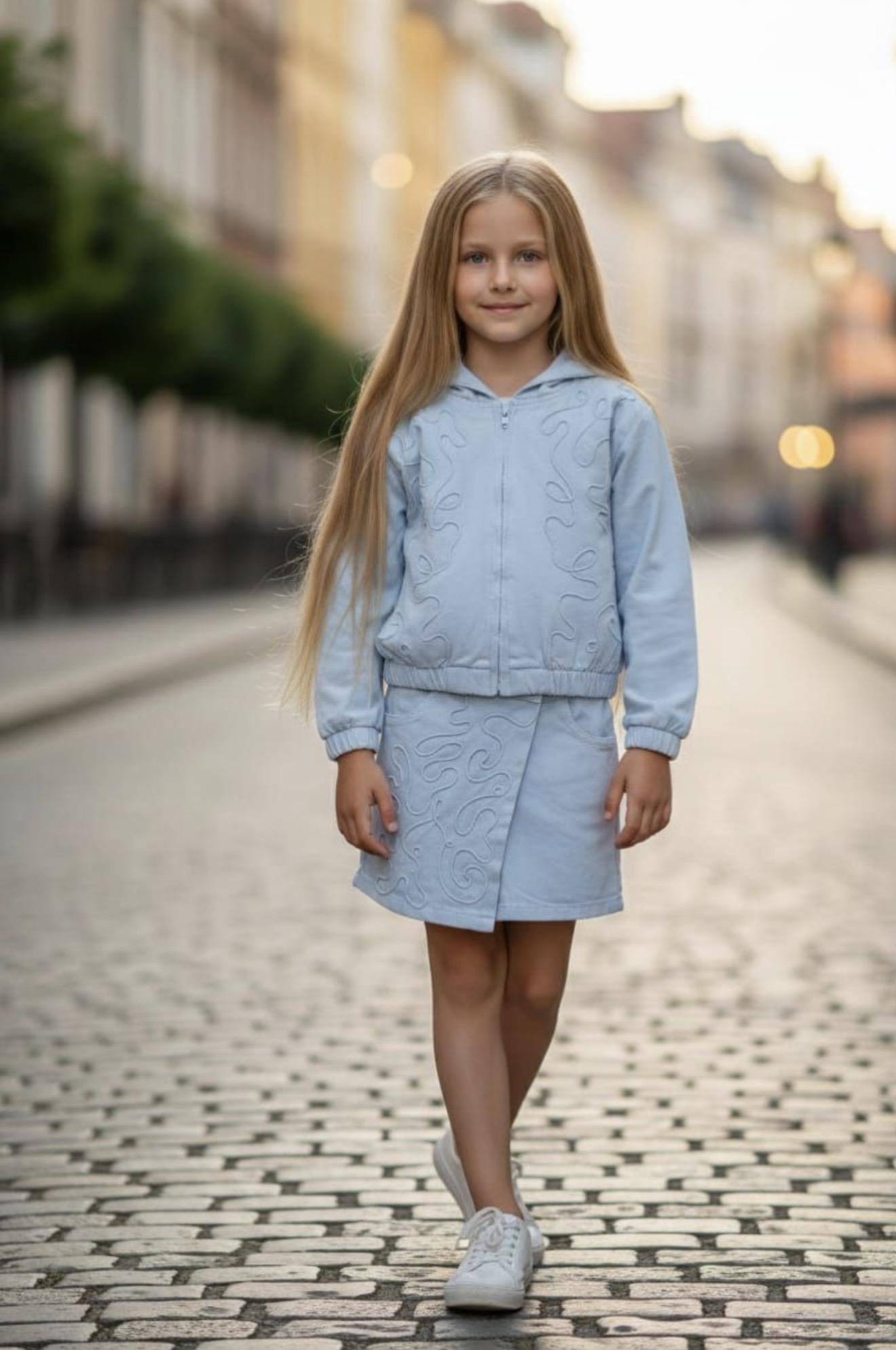 Girls Light Blue Jean Jacket and Skort Set