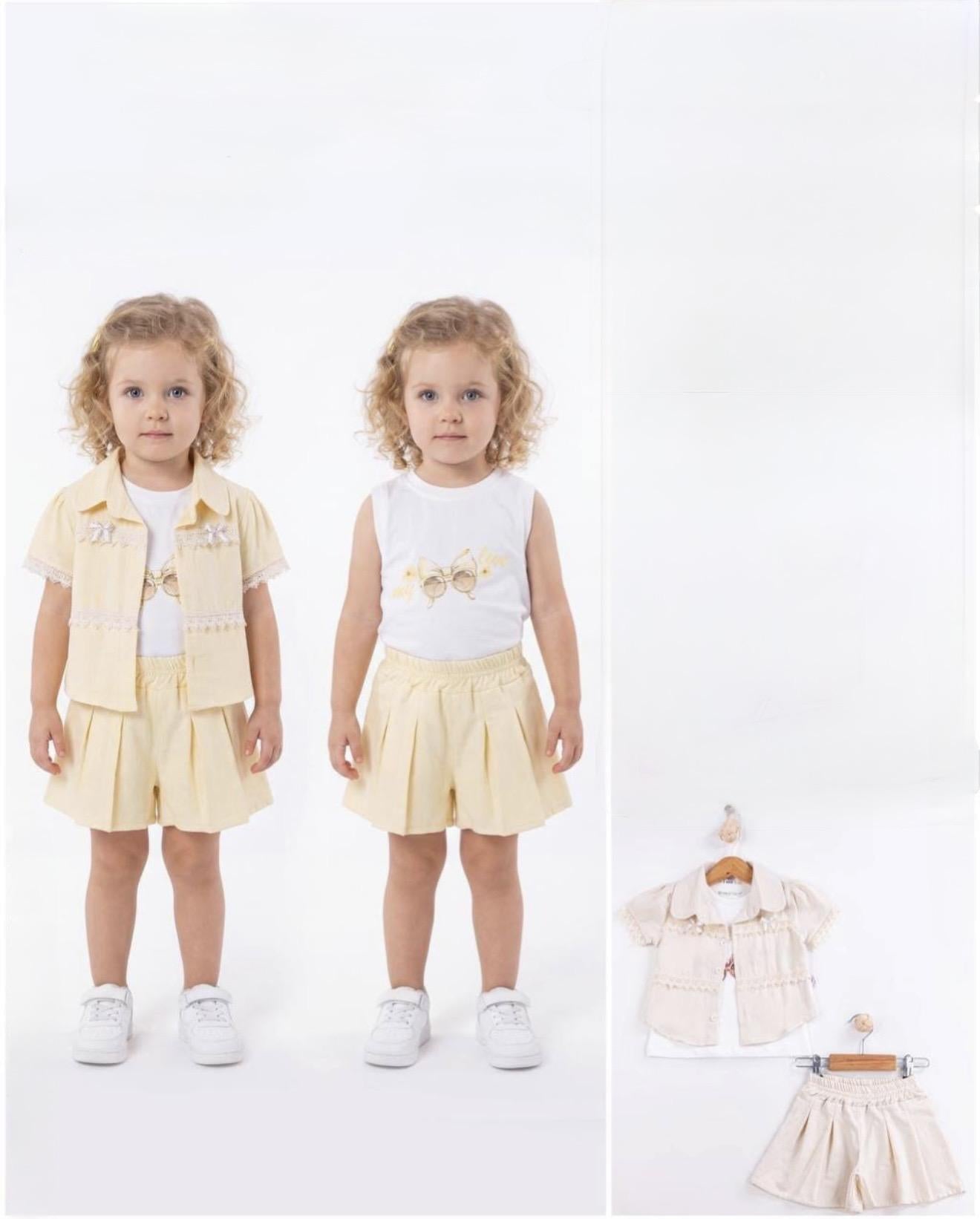 Baby Girl - Beige 3 Piece Shorts Set with Tshirt Sunglasses Print and Over Shirt
