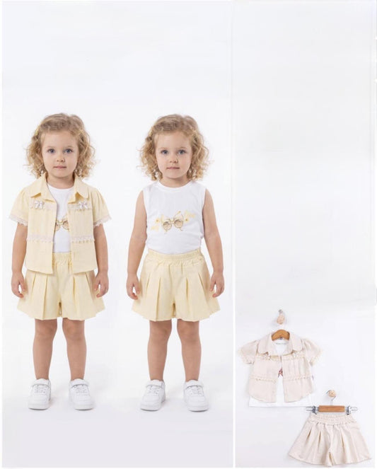 Baby Girl - Beige 3 Piece Shorts Set with Tshirt Sunglasses Print and Over Shirt