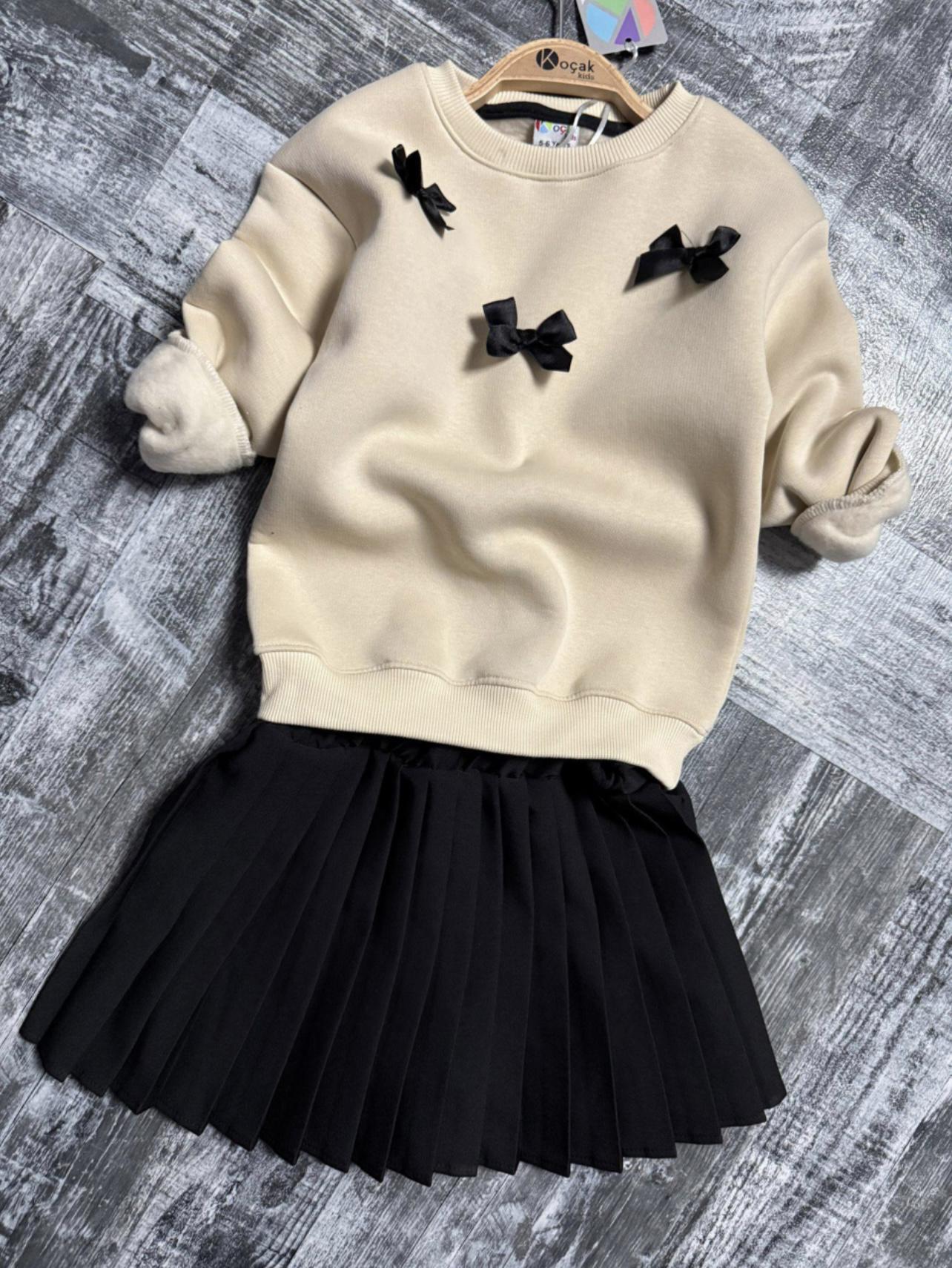 Beige Fleece Top with Bows and Black Skirt Set