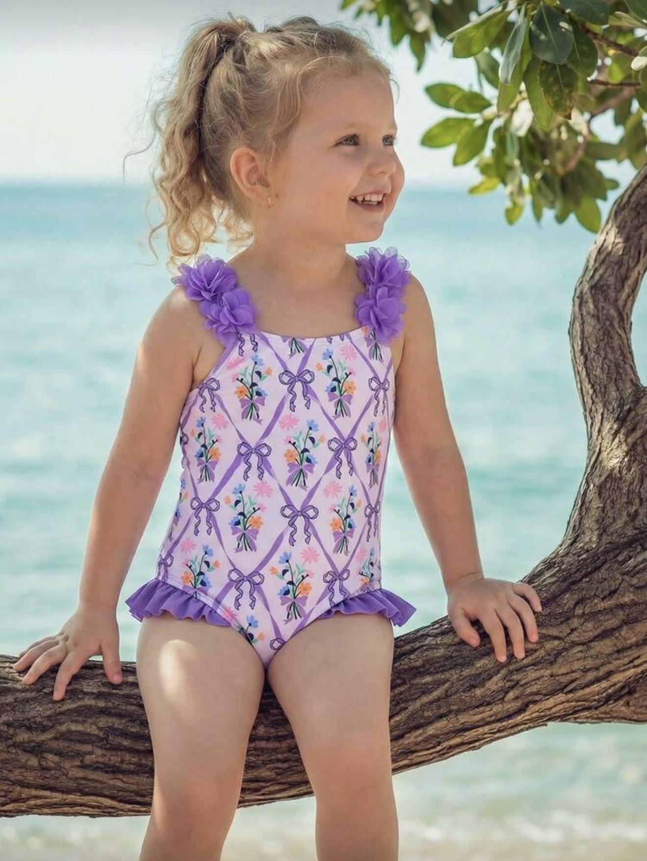Purple Flower and Bow Detail Swimsuit